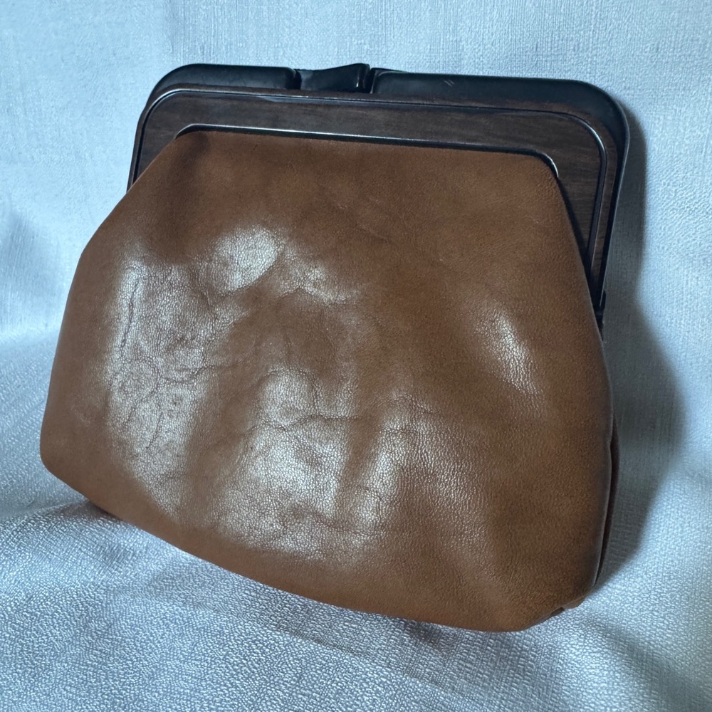 Vintage 60s Frame Clutch Brown Faux Wood MCM Mid Century Evening Bag NO. 505